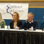 The Maritime Works panel sits in front of the Southeast Conference gathering, Sept. 20, in Petersburg. (from left) Kris Norosz, Julie Decker, Doug Ward, Cari Ann Carty. Photo/Angela Denning