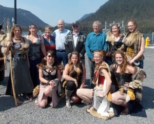 Vice mayor Cindi Lagoudakis, Governor Bill Walker, mayor Mark Jensen and Lieutenant governor Byron Mallot pose for with Little Norway festival valkyries at the drive down dock Saturday.